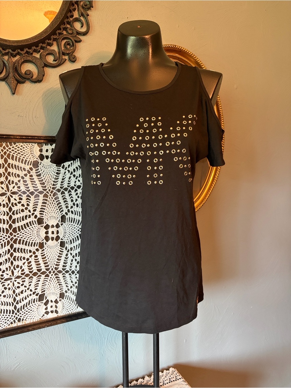 Michael Kors Black Cold-Shoulder Stud Logo Tee